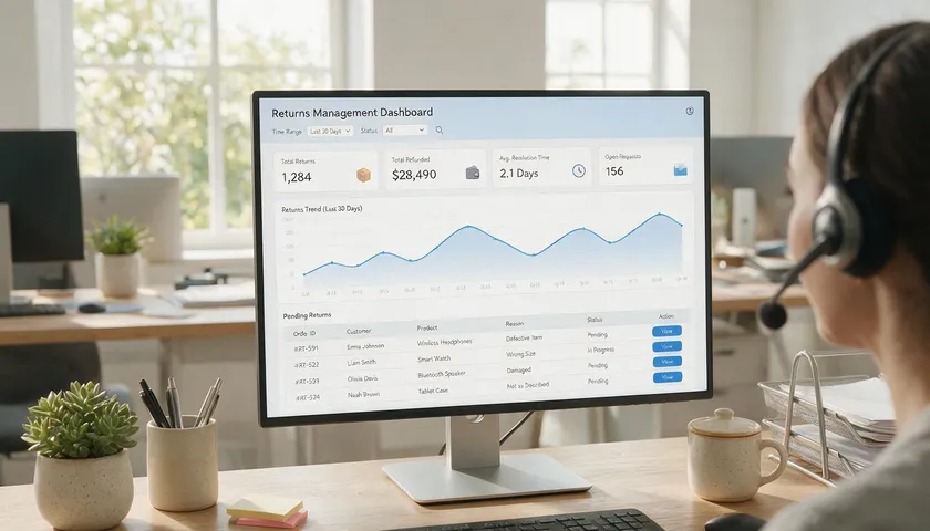 A customer service representative reviewing a returns-management dashboard on a computer screen.
