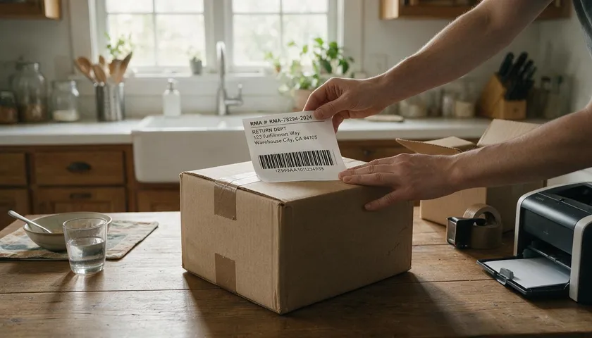 A person attaching a printed RMA shipping label to a cardboard box before pickup.