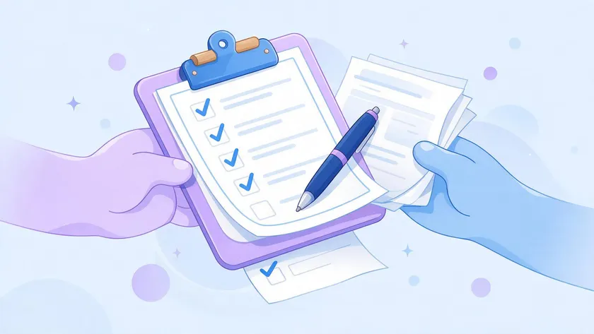 Two people exchanging a signed checklist and paperwork to complete a return request