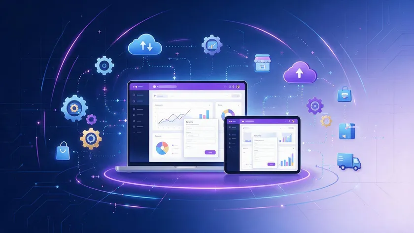 A laptop and tablet displaying a returns dashboard integrated with ecommerce platform automation