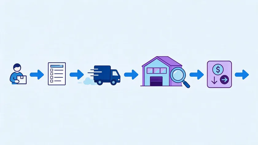 A five-step flow diagram showing the RMA form process from request to refund