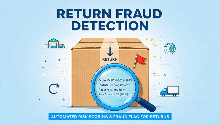 A shipping box under review with a magnifying glass and flag icon, representing RMA fraud detection.