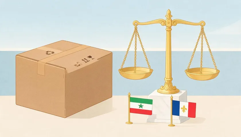 A shipping box next to a scale of justice with two flags, representing legal frameworks around RMA numbers by region.