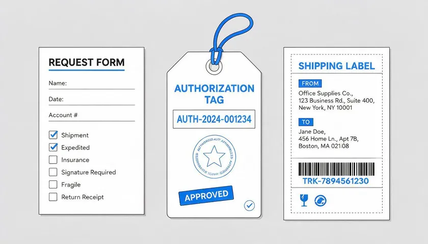 Three related documents side by side: an RMA request form, an authorization tag, and a shipping label.