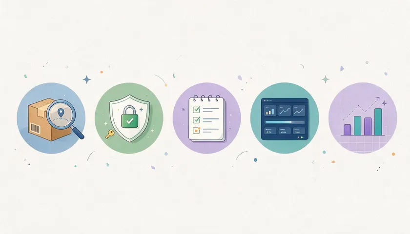 Five icons representing traceability, fraud prevention, eligibility checks, visibility, and analytics in an RMA process.
