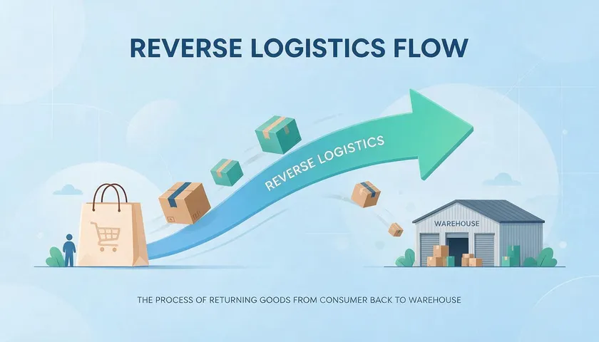 An illustration of packages flowing from a shopping bag back into a warehouse, representing reverse logistics.