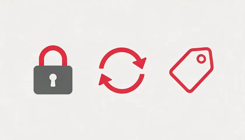 Icons comparing all sales final, no refund, and final sale policy types