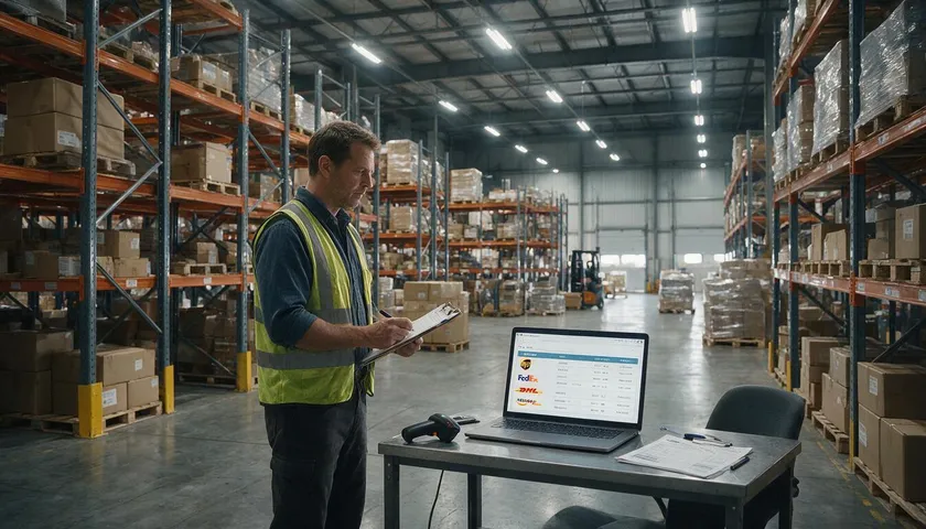 A warehouse manager reviewing shipping carrier options on a laptop while planning real-world shipping operations.