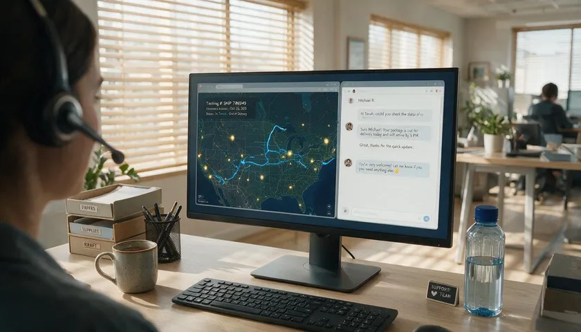 A customer support agent reviewing a shipment tracking map and live chat on a dual monitor.