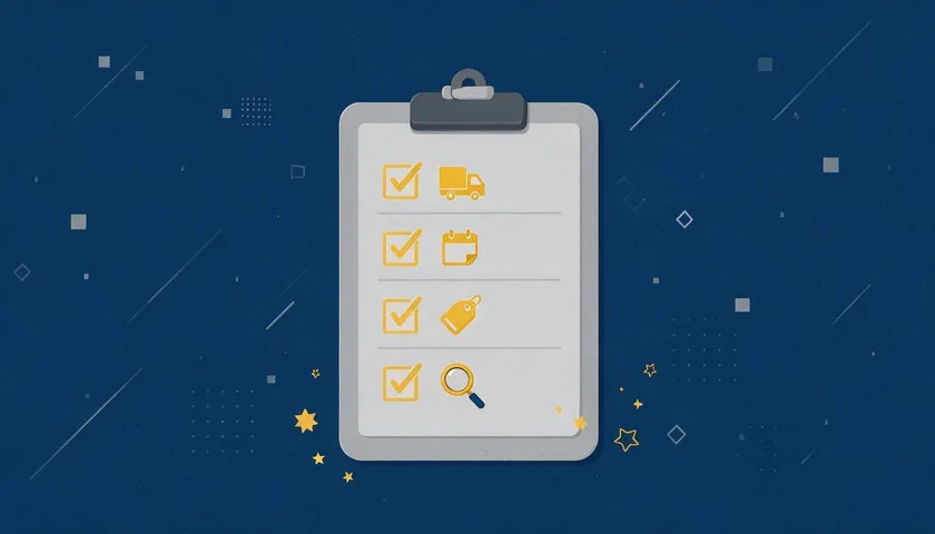 A checklist clipboard with icons for the essential sections every shipping policy should include.