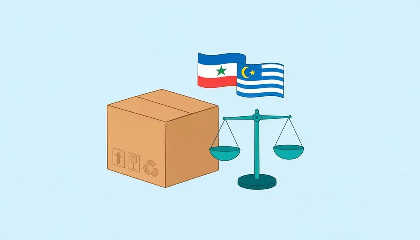 A shipping box beside a scale of justice and regional flags, representing the legal frameworks behind a shipping policy.
