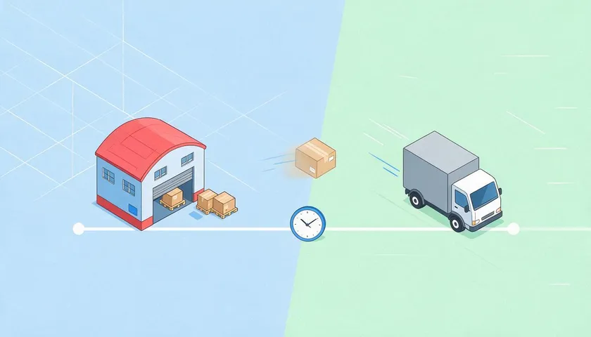 A timeline illustration showing the difference between order processing time and shipping transit time.