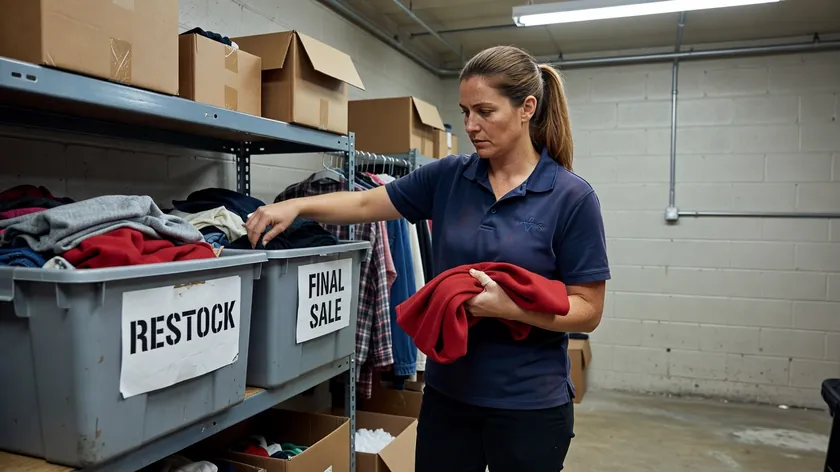 A widescreen photo of an employee sorting returned clothing into restock and final sale bins.