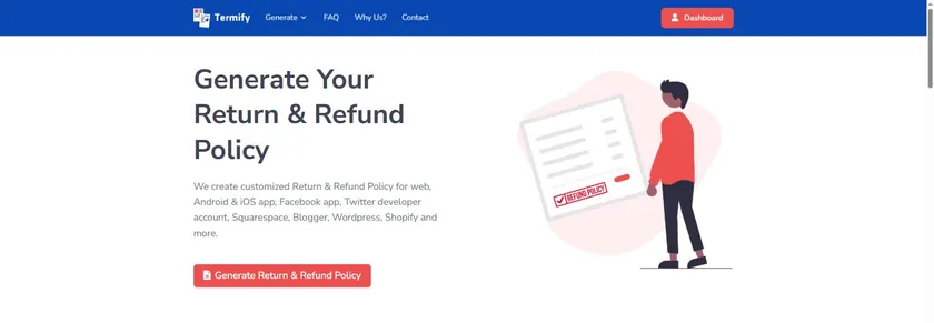 Mockup of the Termify.io refund policy generator interface