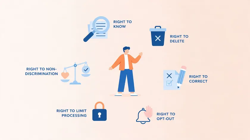 Illustration of a consumer surrounded by icons for the right to know, delete, correct, opt out, limit, and non-discrimination under California law.