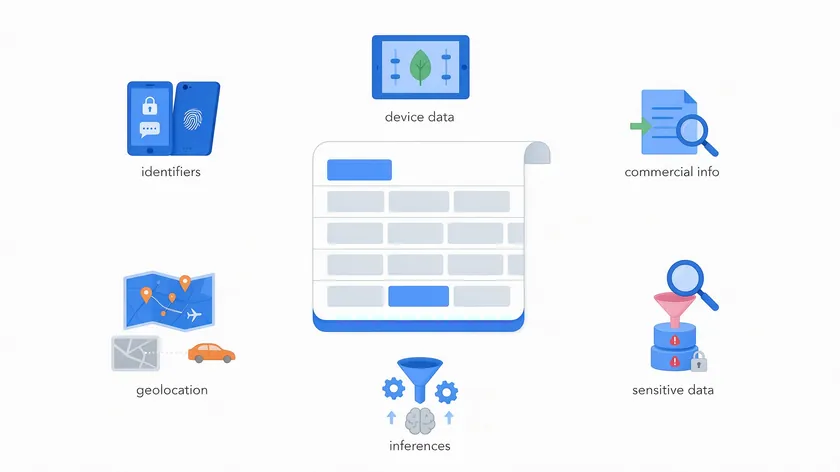 Icons representing the categories of personal information a California privacy policy template must disclose: identifiers, device data, geolocation, commercial info, inferences, and sensitive data.