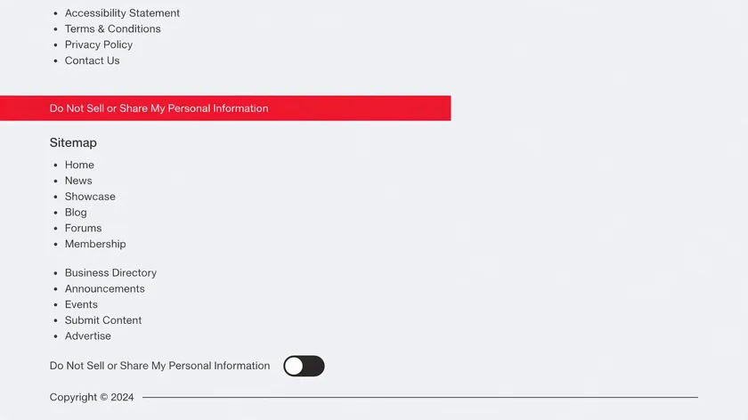 Website footer showing a "Do Not Sell or Share My Personal Information" link and toggle, the opt-out mechanism required under California privacy law.