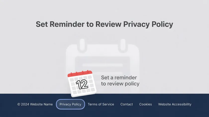 Website footer with a privacy policy link and a calendar icon marking the 12-month review reminder required under California law.
