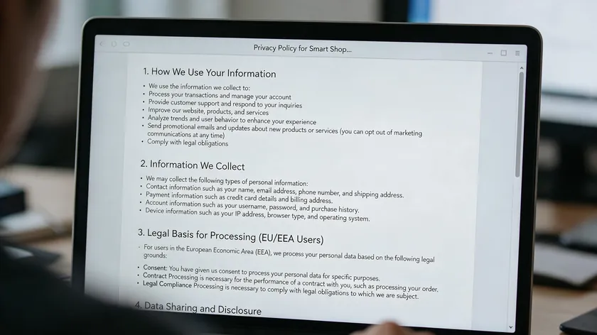 Laptop screen showing a structured privacy policy document with clearly labeled clause sections, illustrating a California privacy policy template in use.