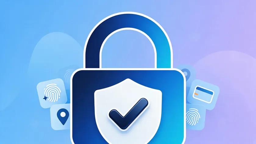 Padlock and shield illustration protecting icons for biometric data, geolocation, and financial credentials, representing sensitive personal information safeguards.