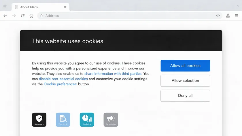 Website cookie consent banner with options for necessary, functional, analytics, and advertising cookies.