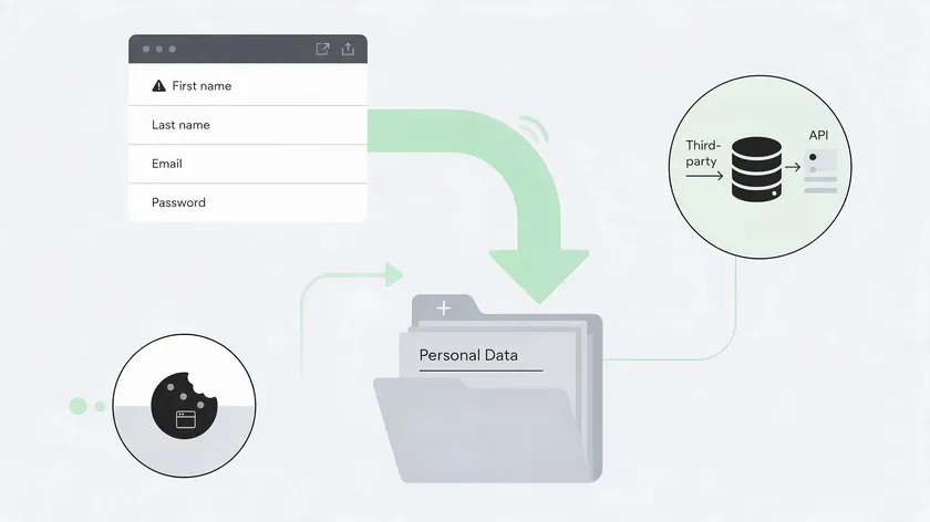 Flow diagram showing personal data moving from a signup form, cookies, and third-party sources into a central personal data file.