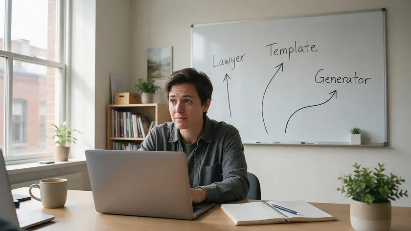 Person at a desk weighing three ways to create a compliant policy: hiring a lawyer, using a template, or using a generator.