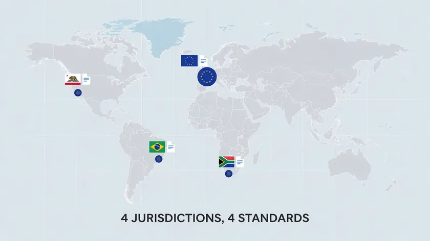 World map highlighting four regions with different data privacy policy requirements: the EU, California, Brazil, and South Africa.