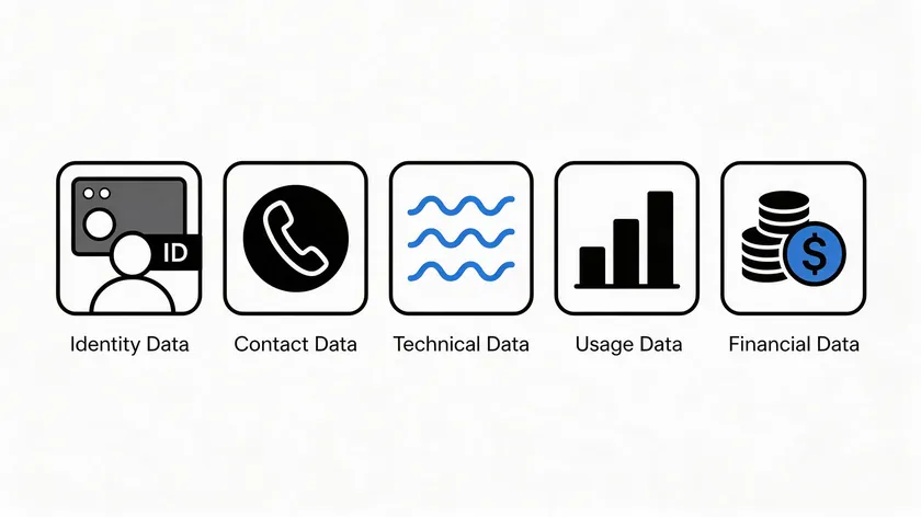 Five icons representing personal information categories collected under a privacy policy: identity, contact, technical, usage, and financial data.