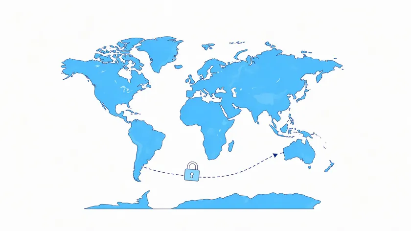 World map with a padlock icon showing a secure international data transfer between two continents.