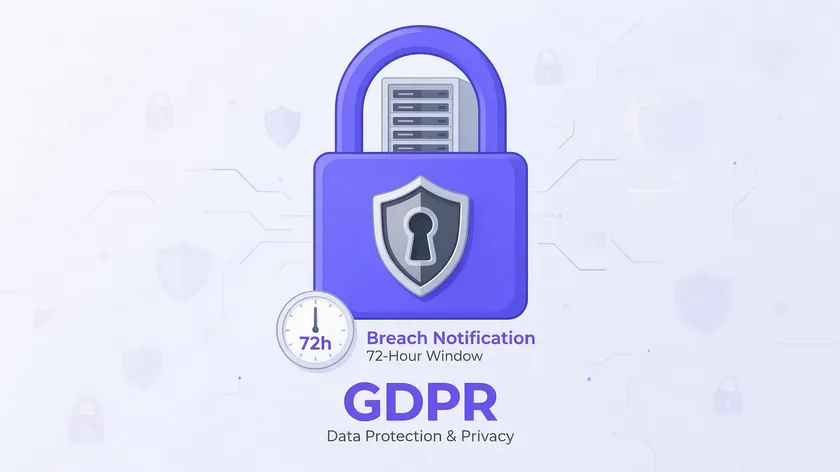 Padlock and server illustration representing data security, with a 72-hour countdown clock for GDPR breach notification requirements.