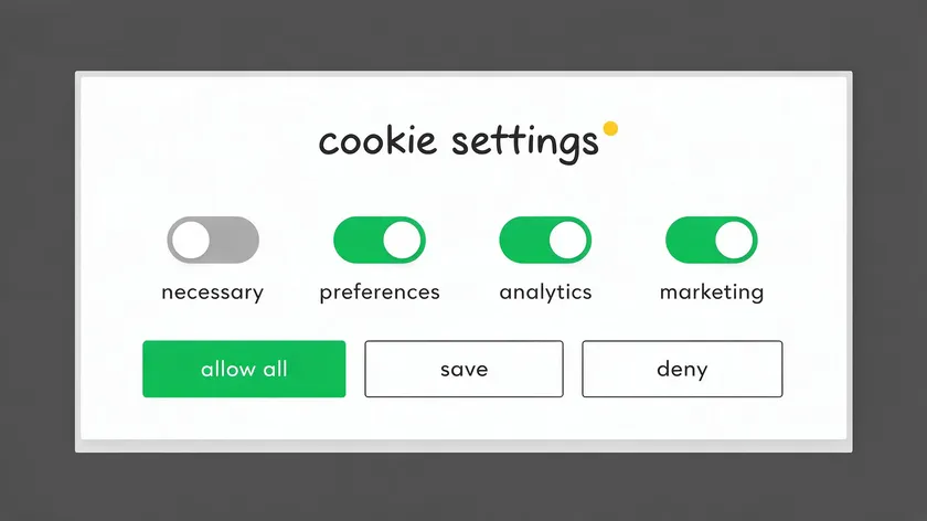 Cookie consent banner showing toggle switches for necessary, preferences, analytics, and marketing categories.