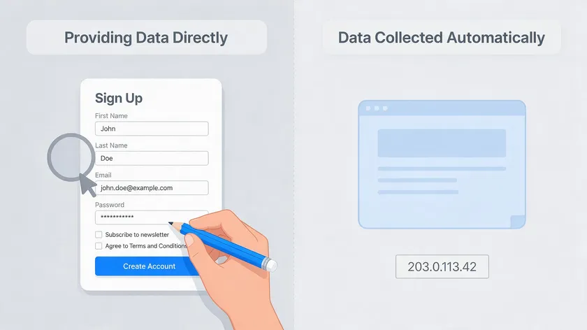Split illustration comparing data provided directly through a sign-up form against data collected automatically, such as IP address and browser information.