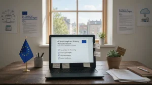 A founder reviewing a GDPR compliant privacy policy checklist on a laptop at a desk, with a small EU flag in the background.