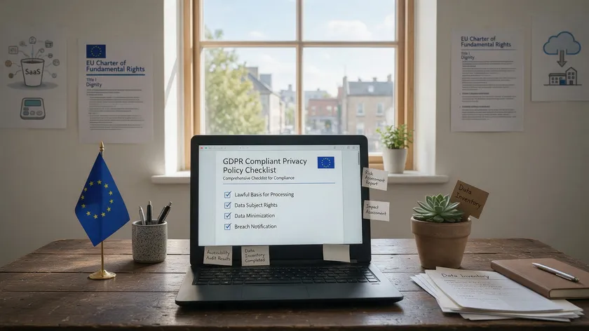 A founder reviewing a GDPR compliant privacy policy checklist on a laptop at a desk, with a small EU flag in the background.