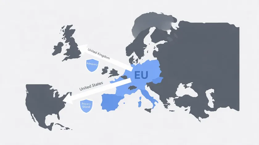 Map illustration showing personal data transfers from the European Union to the United Kingdom and United States, each protected by an adequacy or safeguard mechanism.