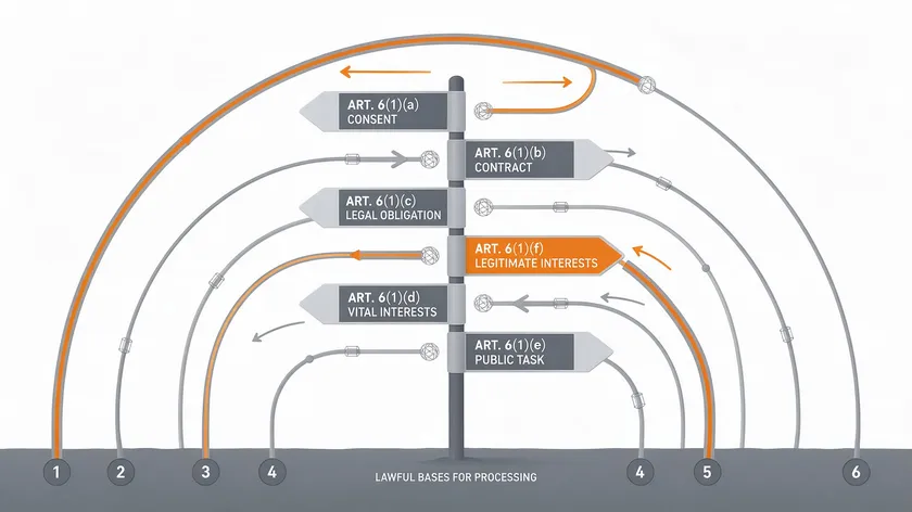 Signpost diagram of the six lawful bases for processing under a GDPR compliant privacy policy, with legitimate interests highlighted.