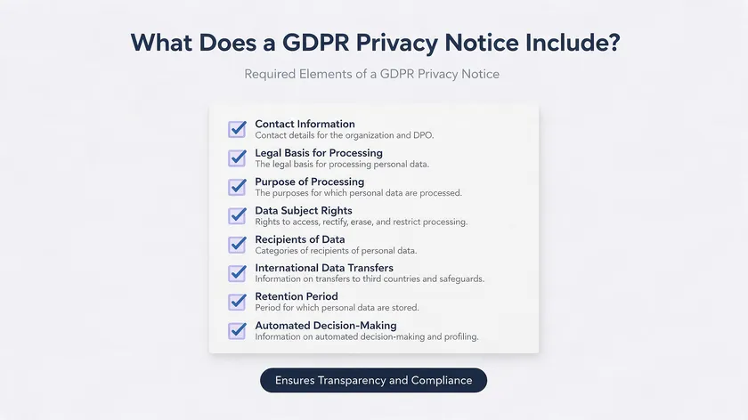 Checklist diagram showing the eight required elements of a GDPR compliant privacy policy, including legal basis, data subject rights, and retention period.