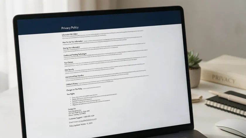 Laptop screen displaying a structured privacy policy document, illustrating a sample GDPR compliant privacy policy template.