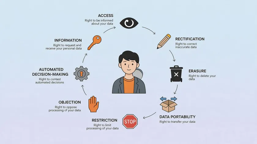 Illustration of a person surrounded by icons representing the eight user rights protected under a GDPR compliant privacy policy: access, rectification, erasure, portability, restriction, objection, automated decision-making, and consent withdrawal.