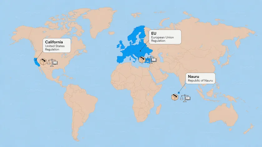 World map highlighting California, the EU, and other regions with distinct privacy law requirements that can apply to dropshipping stores.