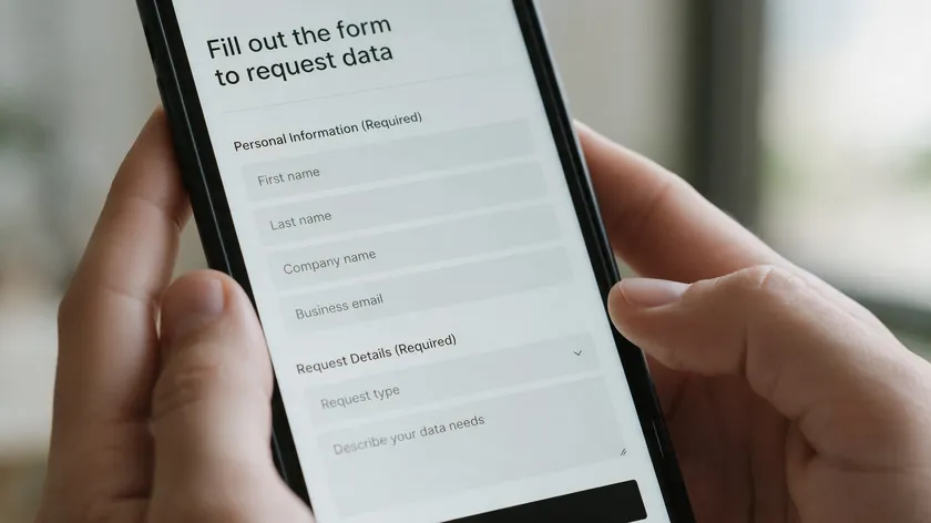 Person using a smartphone to fill out an online data request form, representing how customers can exercise their privacy rights.