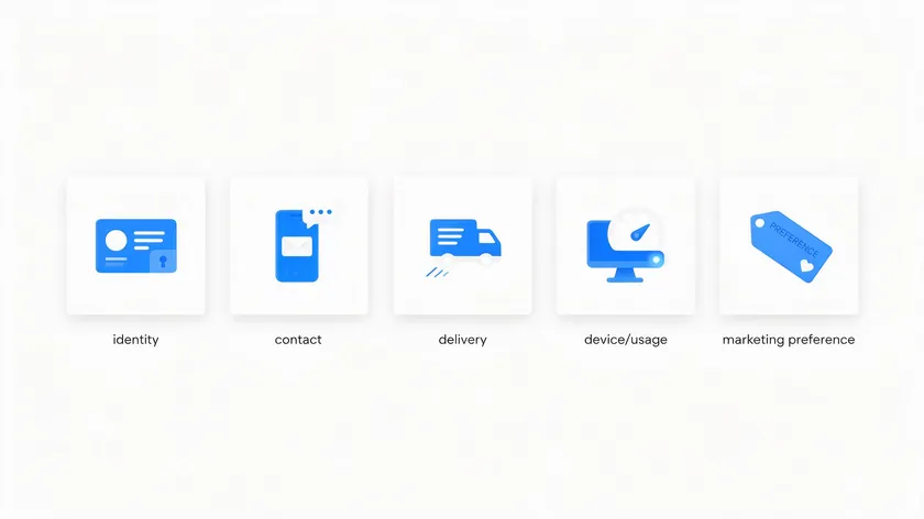Five icons representing the types of personal data a dropshipping store collects: identity, contact, delivery, device/usage, and marketing preferences.