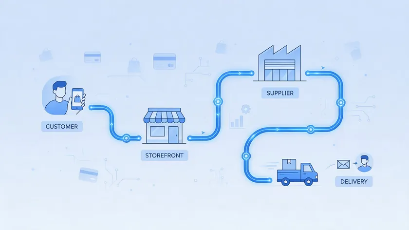 Diagram showing customer data flowing from checkout to a dropshipping store, then to a supplier for order fulfillment and delivery.