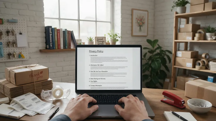 A small business owner reviewing a privacy policy for dropshipping on a laptop, surrounded by shipping boxes and packing labels.