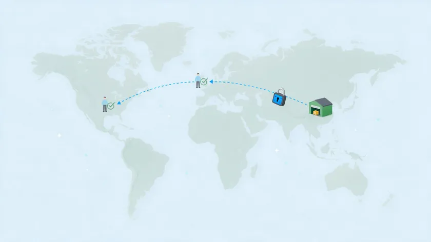 World map showing a shipping route from a warehouse in Asia to customers in the US and EU, with a padlock representing data protection during international transfers.