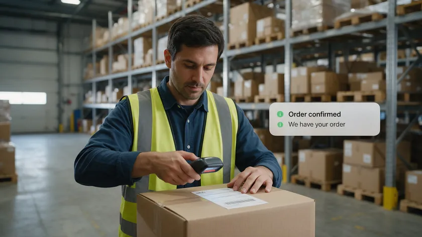Warehouse worker scanning a shipping label while a phone displays an order confirmation, illustrating how dropshipping order data is used.