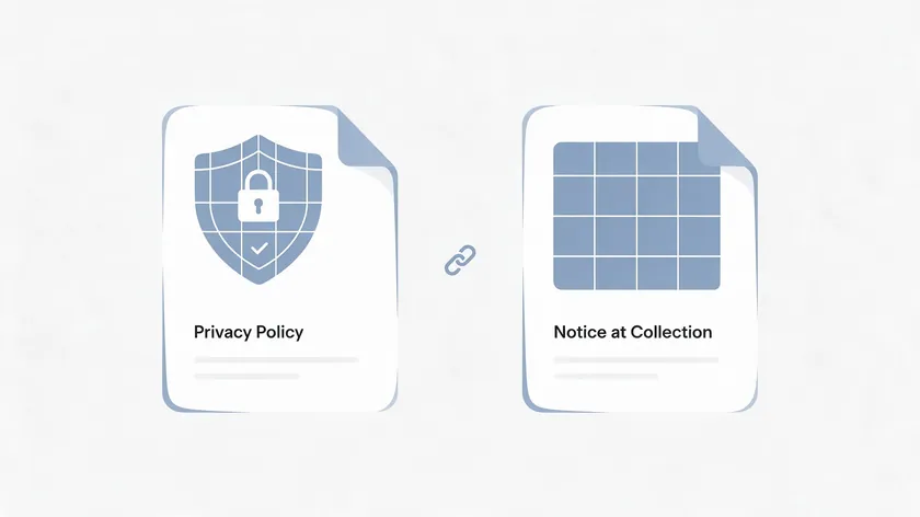 Illustration of a privacy policy vs privacy notice comparison under California law, showing a Privacy Policy document linked directly to a separate Notice at Collection document.