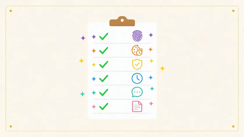 Clipboard checklist with six icons covering identifiers, cookies, security, retention, communication, and documentation, representing the core content every privacy document should include.