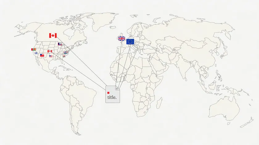 World map with flags marking the EU, UK, US states, and Canada, each pointing to a generic document labeled only title, representing how different laws avoid mandating a specific document name.